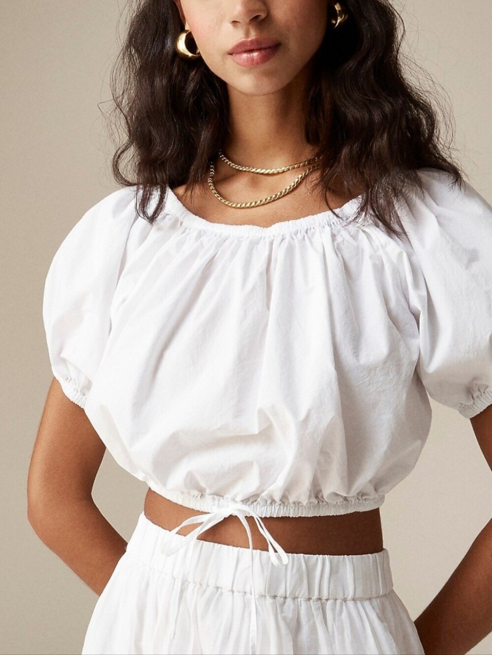 J. Crew White Drawstring Crop Peasant Top